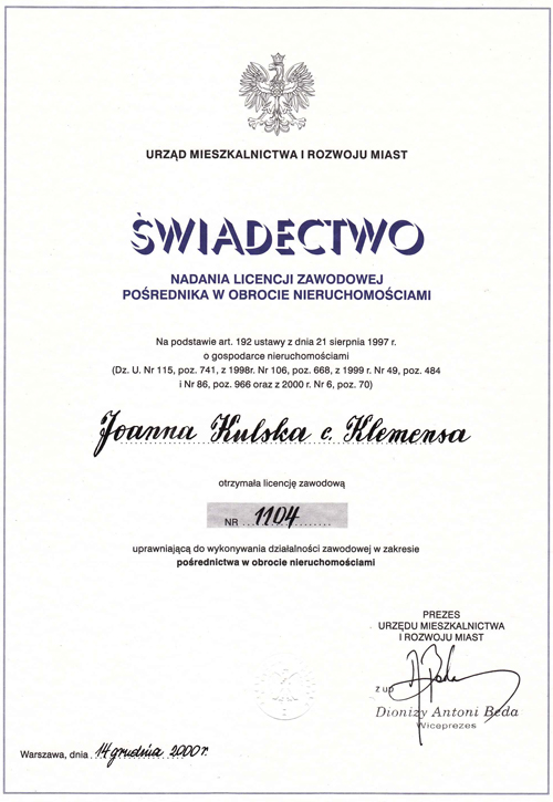 Joanna Kulska - Certyfikat