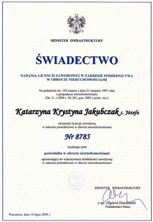 Katarzyna Jakubczak - Certyfikat